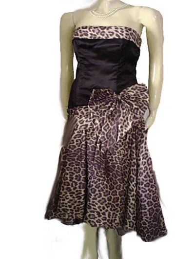 *VINTAGE SAN-MARTIN BLACK SATIN & LEOPARD TAFFETA EVENING GOWN WITH RHINESTONE BOW & ATTACHED CRINOLINE