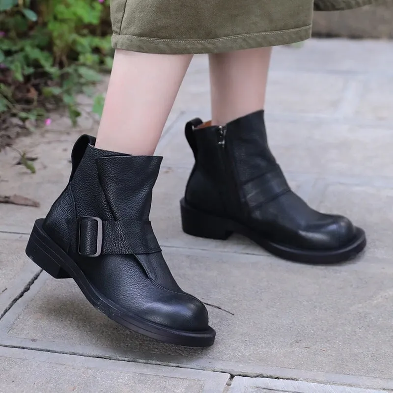 Womens Handmade Retro Soft Leather Ankle Boots Side Buckle in Black/Brown