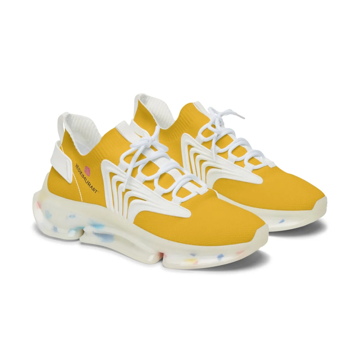 Women's Yellow Mesh Sneakers, Solid Yellow Color Mesh Sneakers For Women (US Size: 5.5-12)